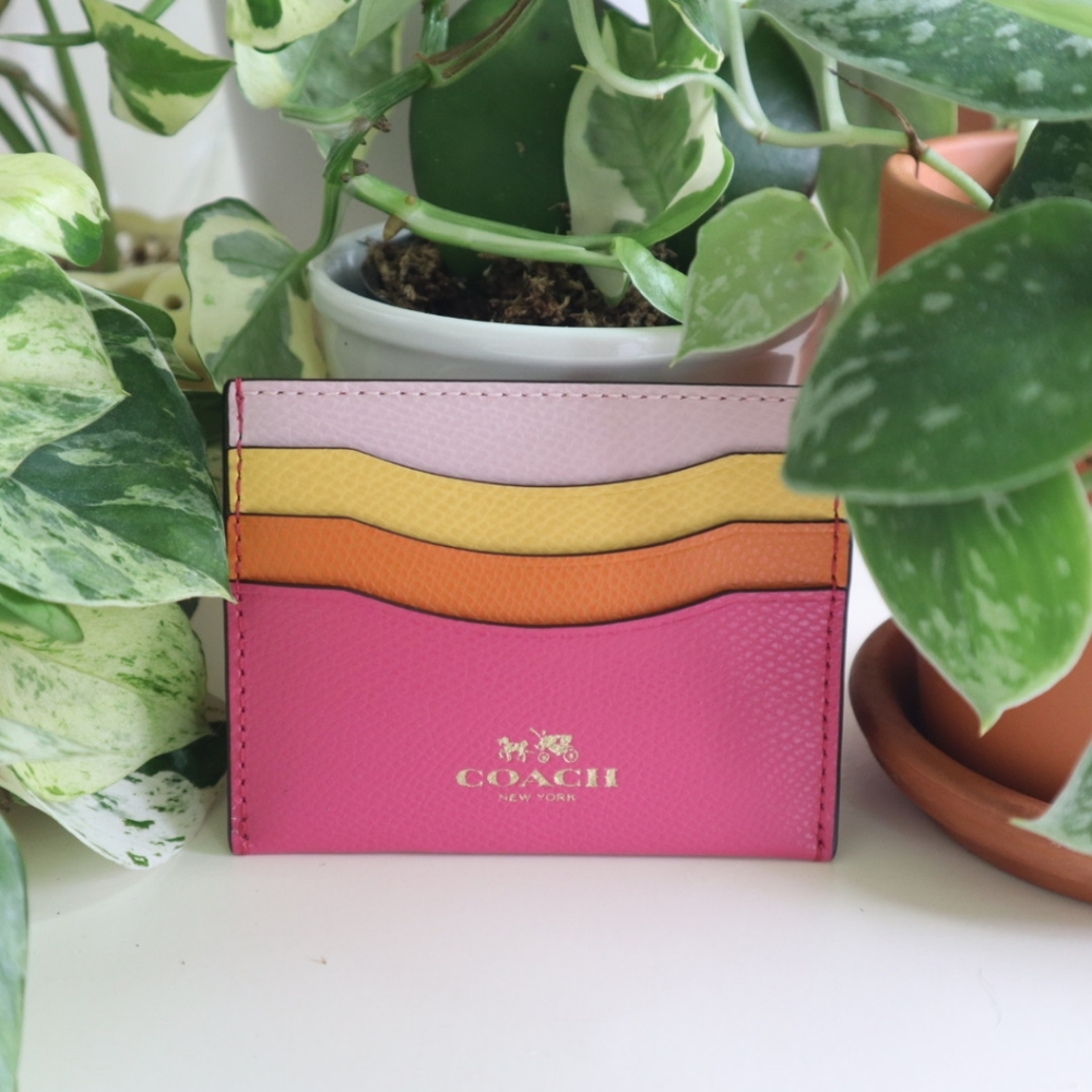 Coach rainbow dahlia color block card case NWT